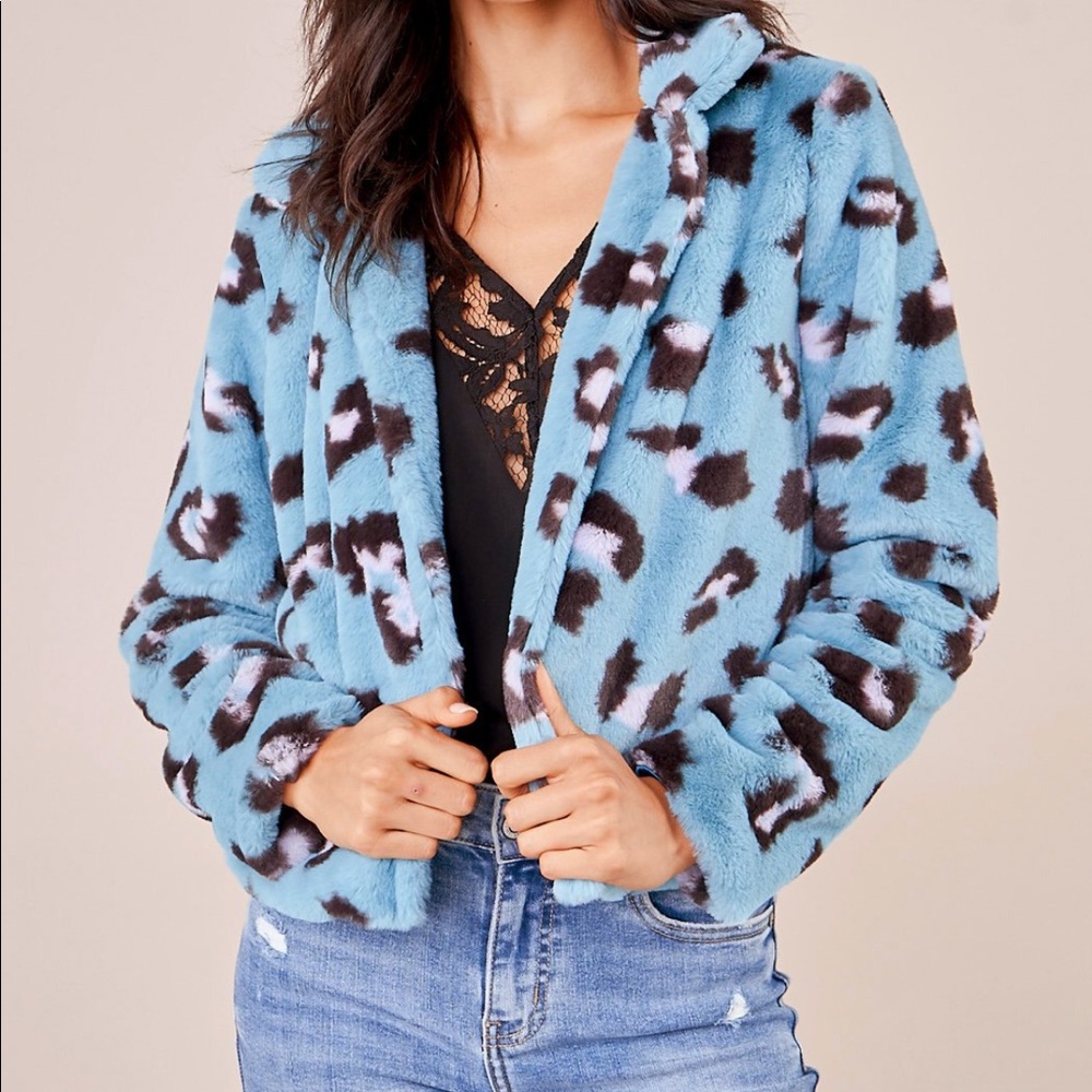 Teal Leopard Print Cropped Faux Fur Jacket